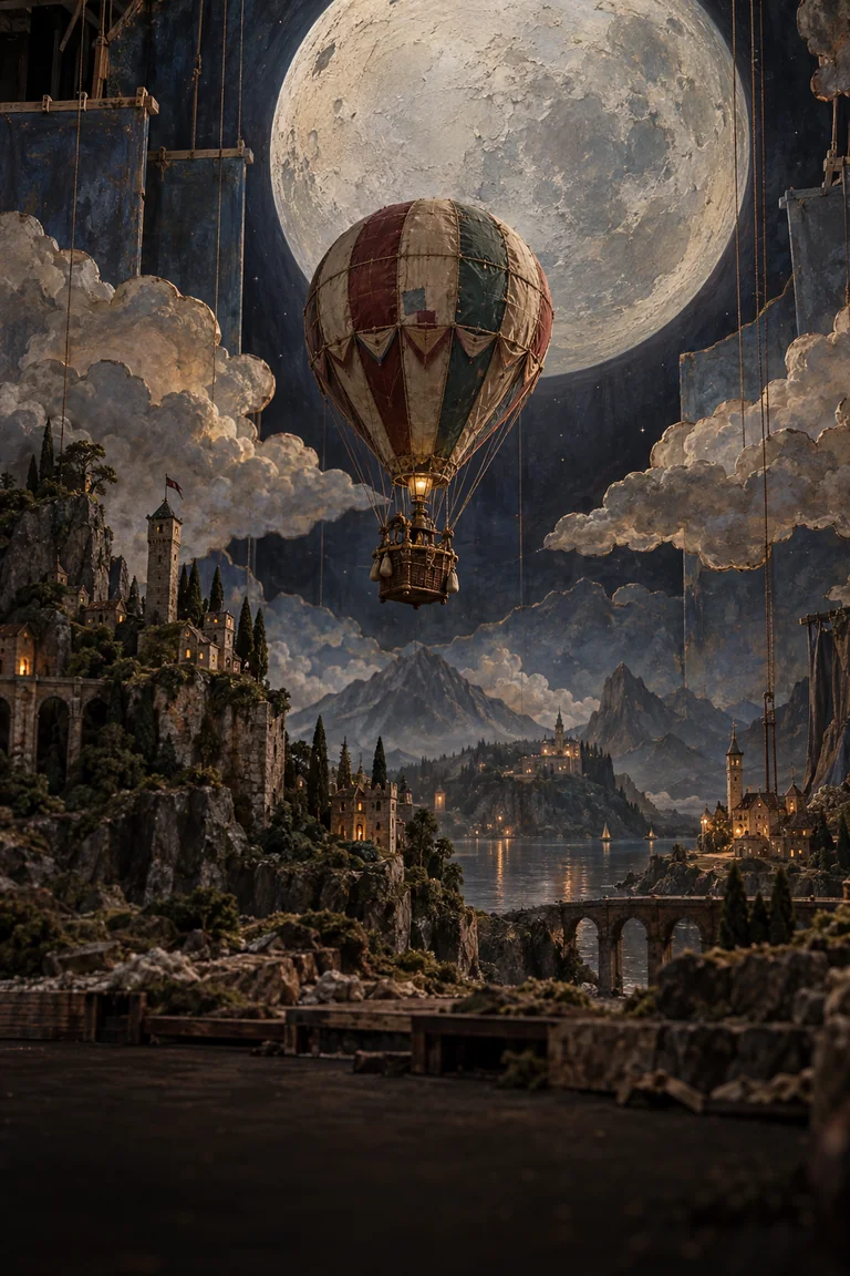 The Baron’s handmade balloon makes the impossible feel touchable A handcrafted fantasy balloon rises from a theatrical landscape toward an oversized moon, with visible painted surfaces, miniature masonry, constructed edges, and tactile materials emphasizing the persuasive physicality of an impossible journey.