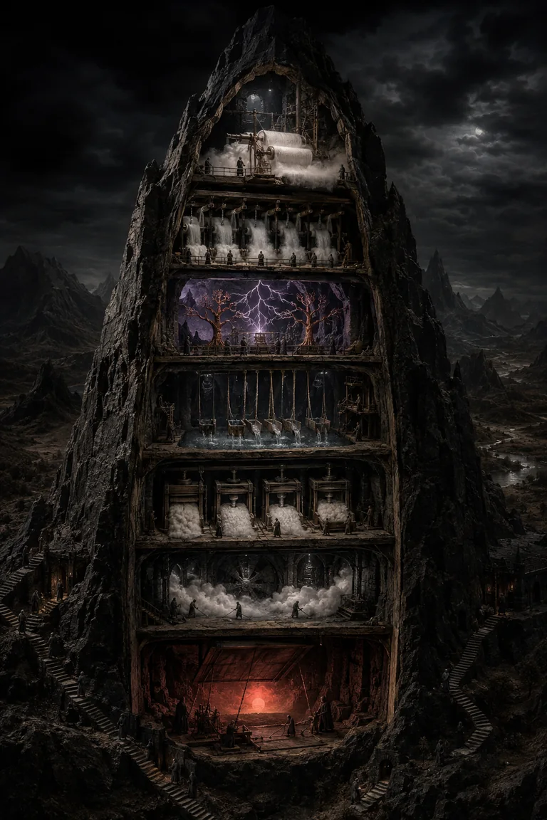 A black mountain split open like a vertical cabinet reveals stacked chambers where tiny keepers manufacture fog, lightning, rain, snow and dawn with handmade machinery.