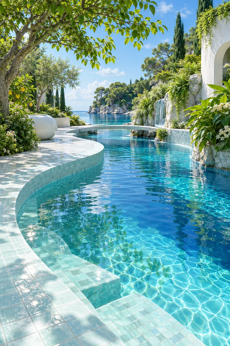A turquoise garden channel begins beside glossy pale tiles and curves toward a small green inlet framed by lush plants; reflections shimmer on the clear surface, with deeper blue water visible below.