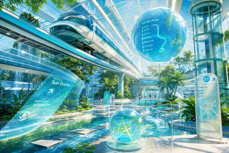 A glass train glides through a lush Aero greenhouse hub