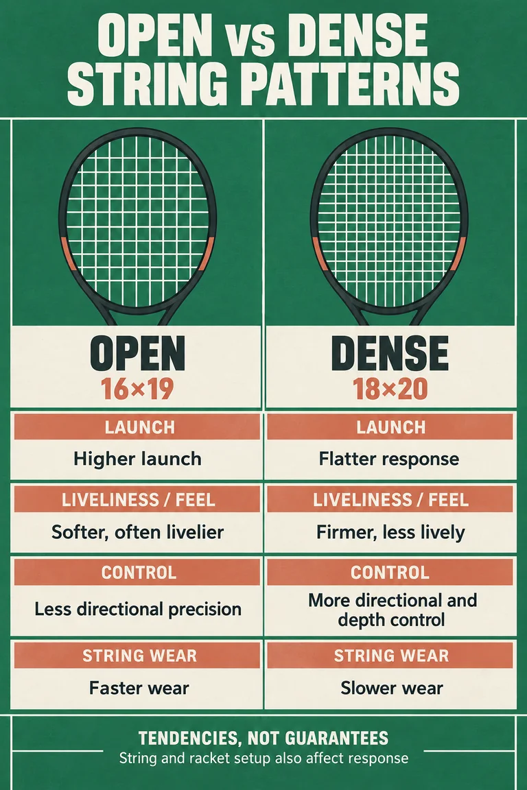 A two-column tennis infographic compares open and dense string patterns across launch, feel, control and wear, with simple string-bed diagrams and a note that the effects are tendencies.