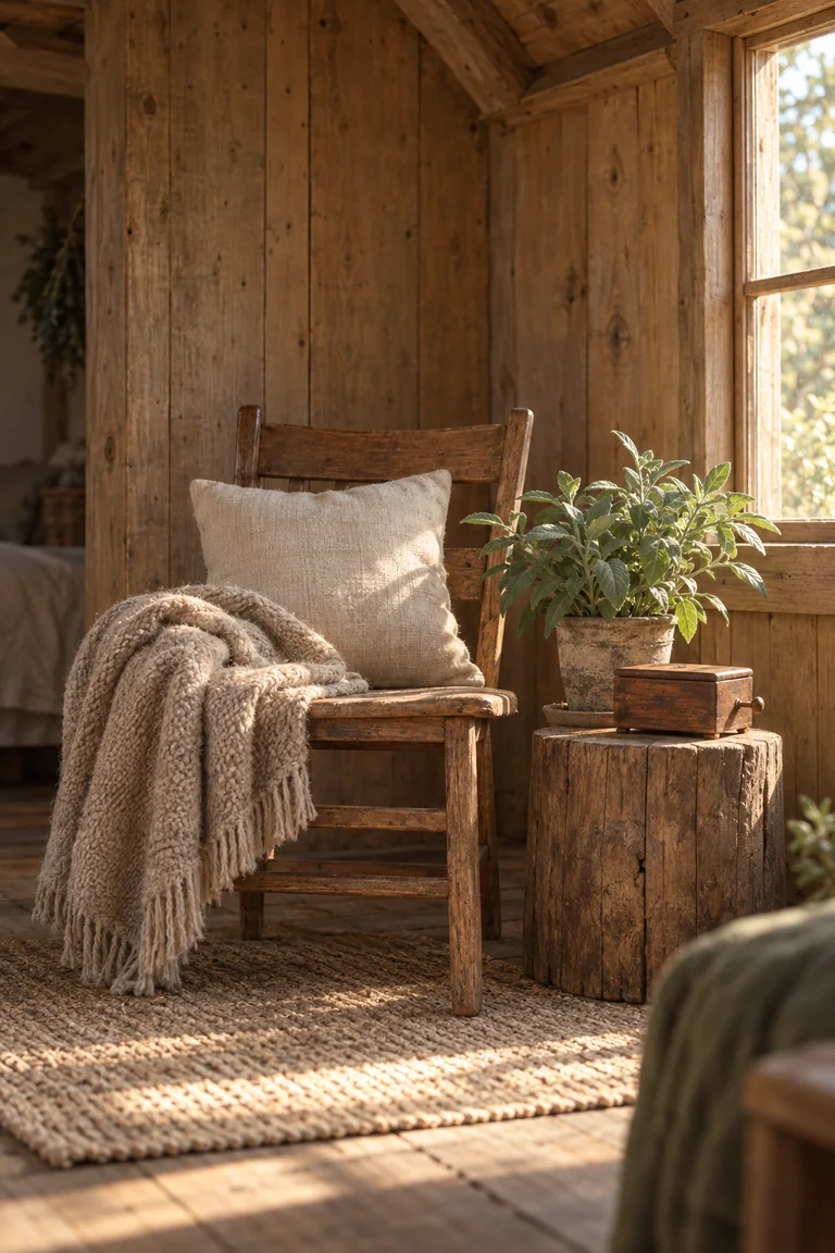 A small timber nook with a softly lit chair, layered wool and linen, a leafy plant beside a vintage keepsake, and open space around the scene.