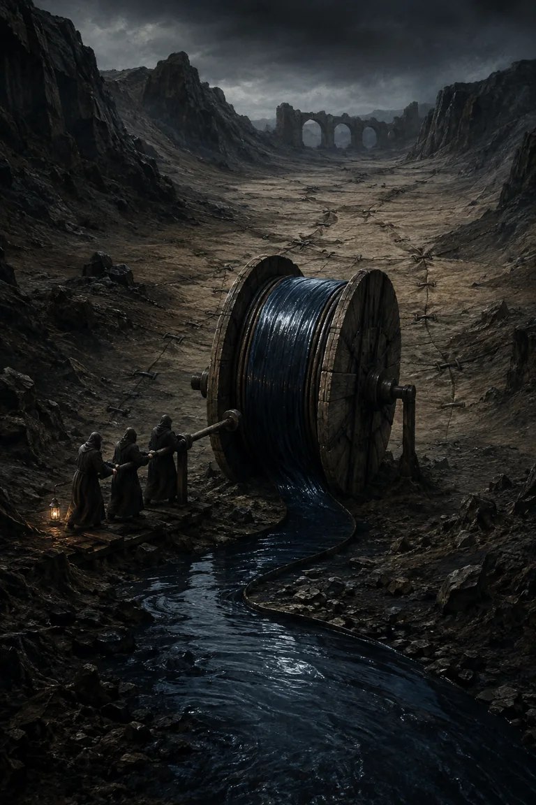 A dark river winds around a colossal wooden reel in a barren valley while three small robed figures turn its capstan beside a dry stitched riverbed.