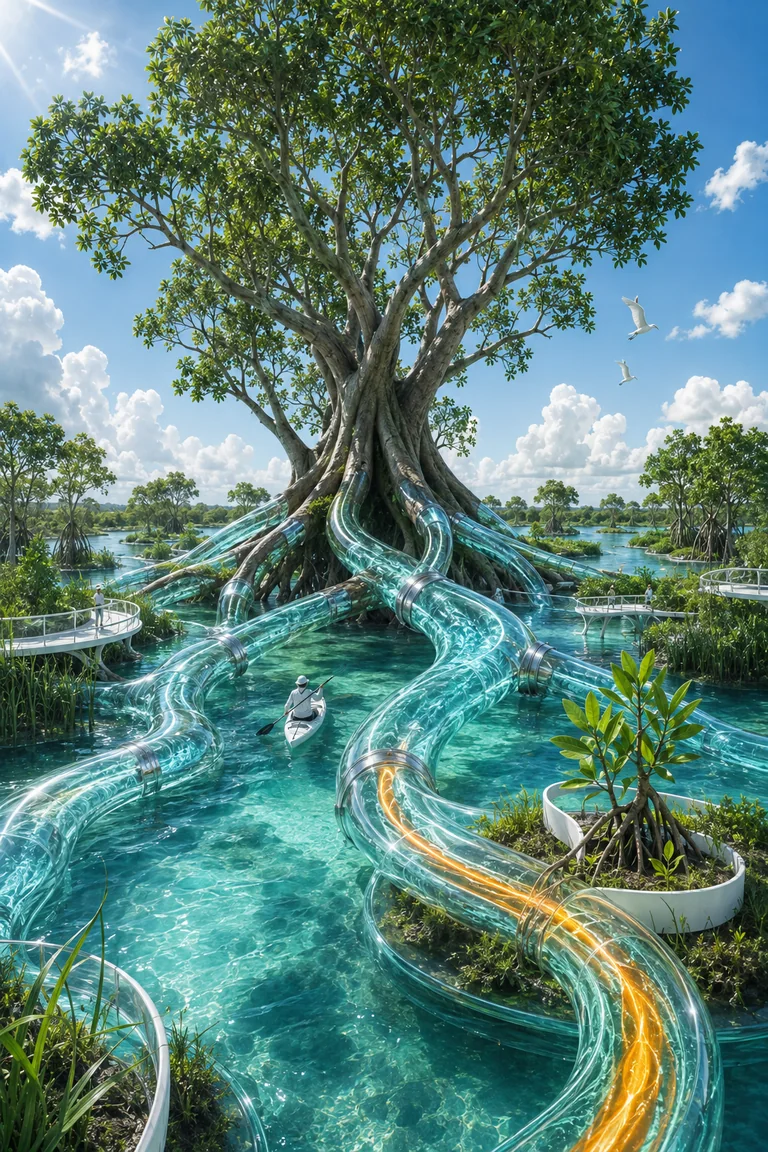 The Mangrove Is the Network A monumental mangrove's wooden roots transition into transparent aqua conduits across a turquoise wetland as a kayaker passes beneath and an orange pulse travels toward a young tree.