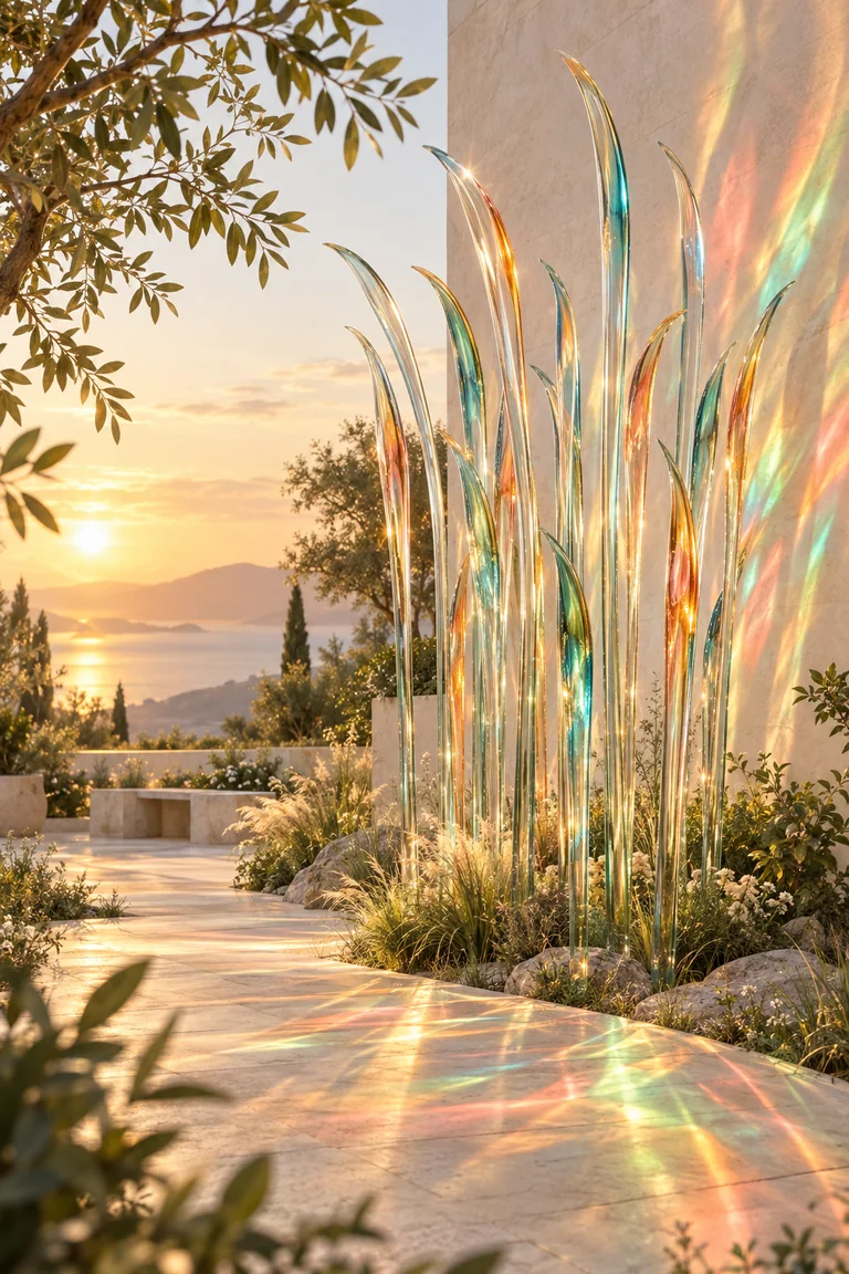 A public installation of tall, slender glass reeds sways in the breeze, scattering shifting coloured patterns over the ground and surrounding surfaces.