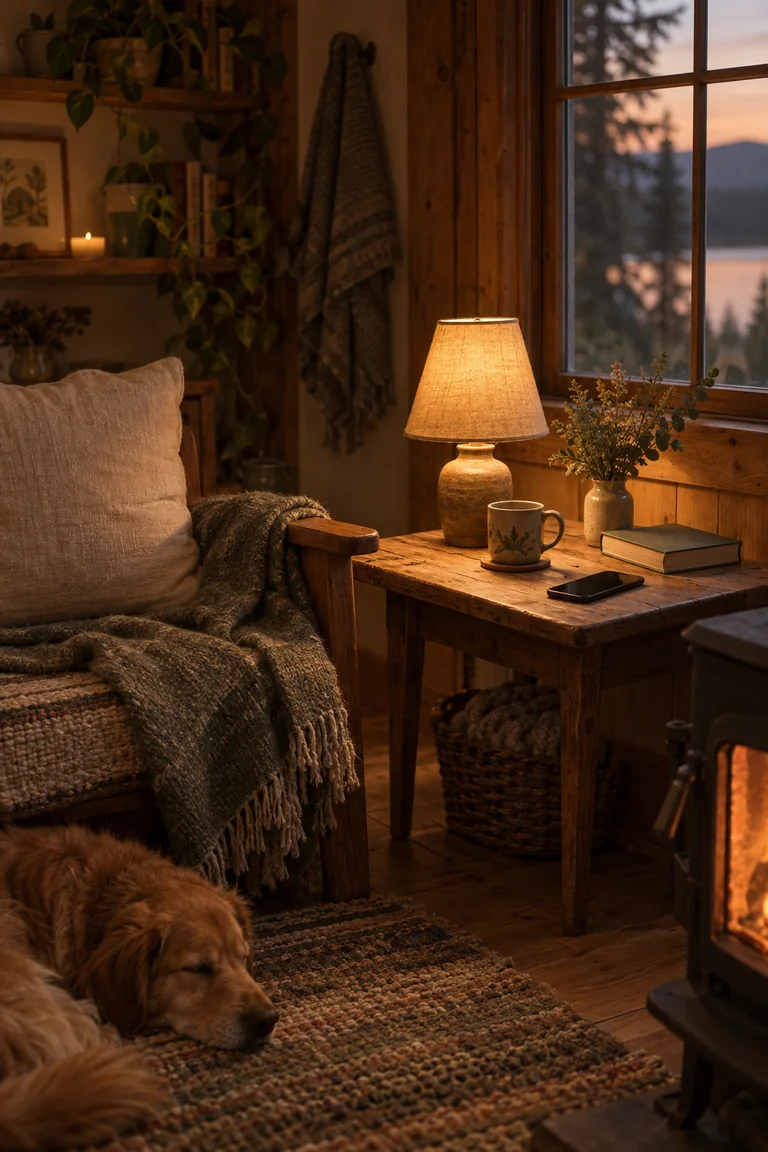 A small, warmly lit hut-like refuge with soft textiles and a dark-screen phone resting outside the lamp’s pool of light.