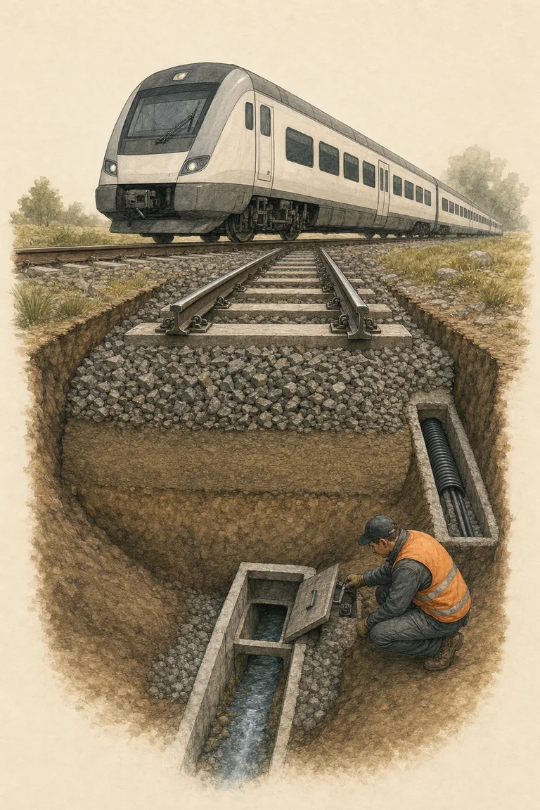 Portrait cutaway illustration of a railway segment with one train above exposed rails, sleepers, ballast, drainage layers, signalling cables and a maintenance worker, rendered in a warm editorial ink-and-gouache style.