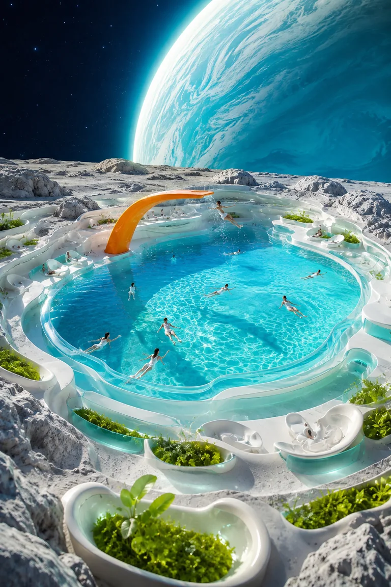 A silver lunar crater contains a bright aqua public pool with white molded terraces, green garden pockets, an orange diving platform, floating swimmers, and a huge turquoise planet overhead.