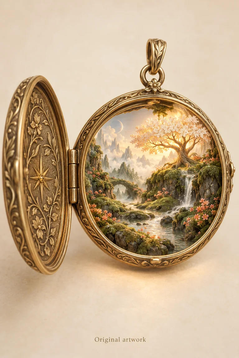An ornate wearable charm opened to reveal a tiny imagined landscape, with the label “Original artwork” shown once.