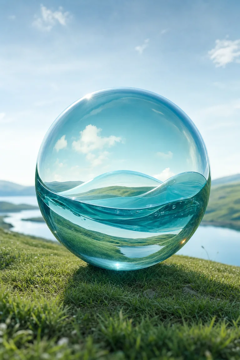 Portrait editorial reconstruction of a translucent aqua glass-liquid bubble hovering over a recognizable green-and-blue landscape, with bright rim highlights, visible refraction, background distortion, layered placement, and soft late-2000s CGI finish.