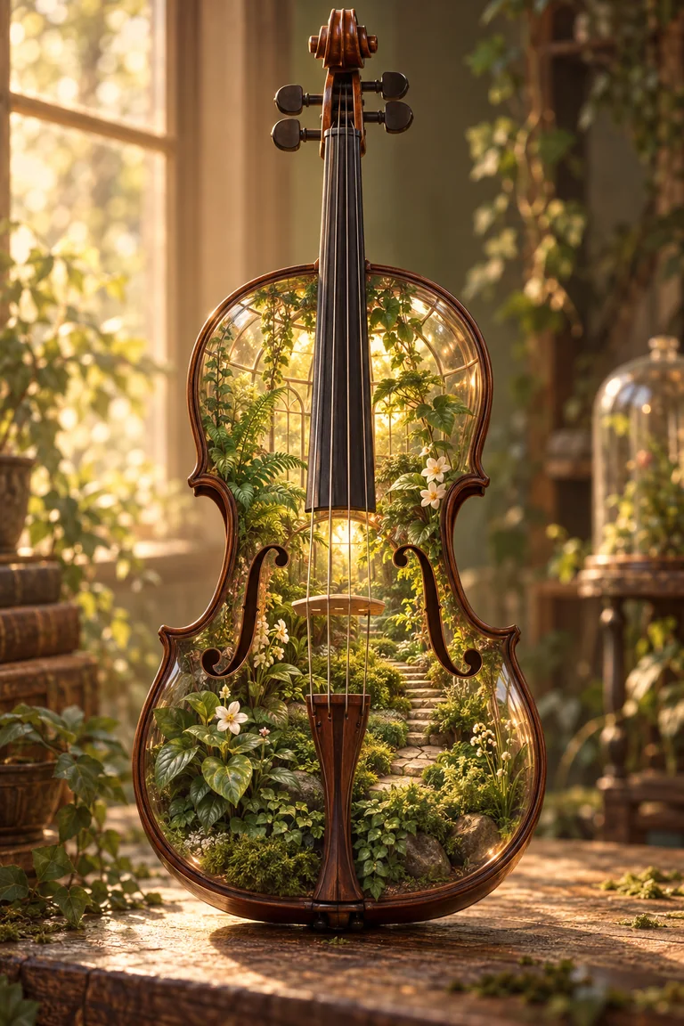 An elegant violin with its open body transformed into a miniature greenhouse filled with lush plants.