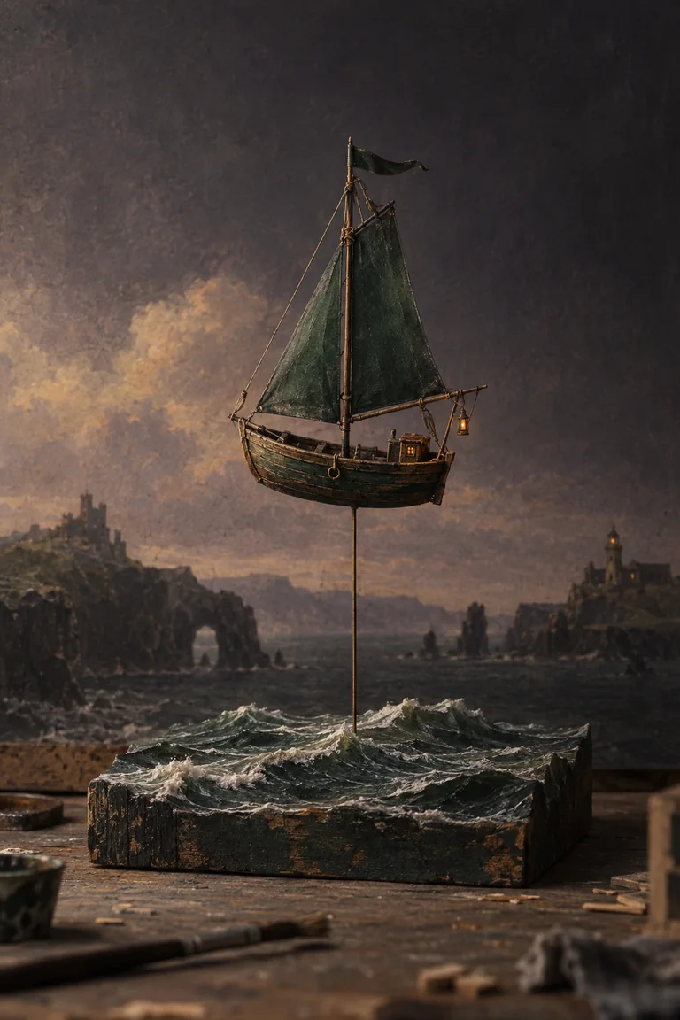 Original editorial reconstruction of a fantastical miniature boat scene: a tiny painted vessel hangs above a dark sea on a visible support, with a model edge and a transition from tabletop materials to a painted backdrop. The exposed craft makes the illusion feel physically made while the scene remains magical.