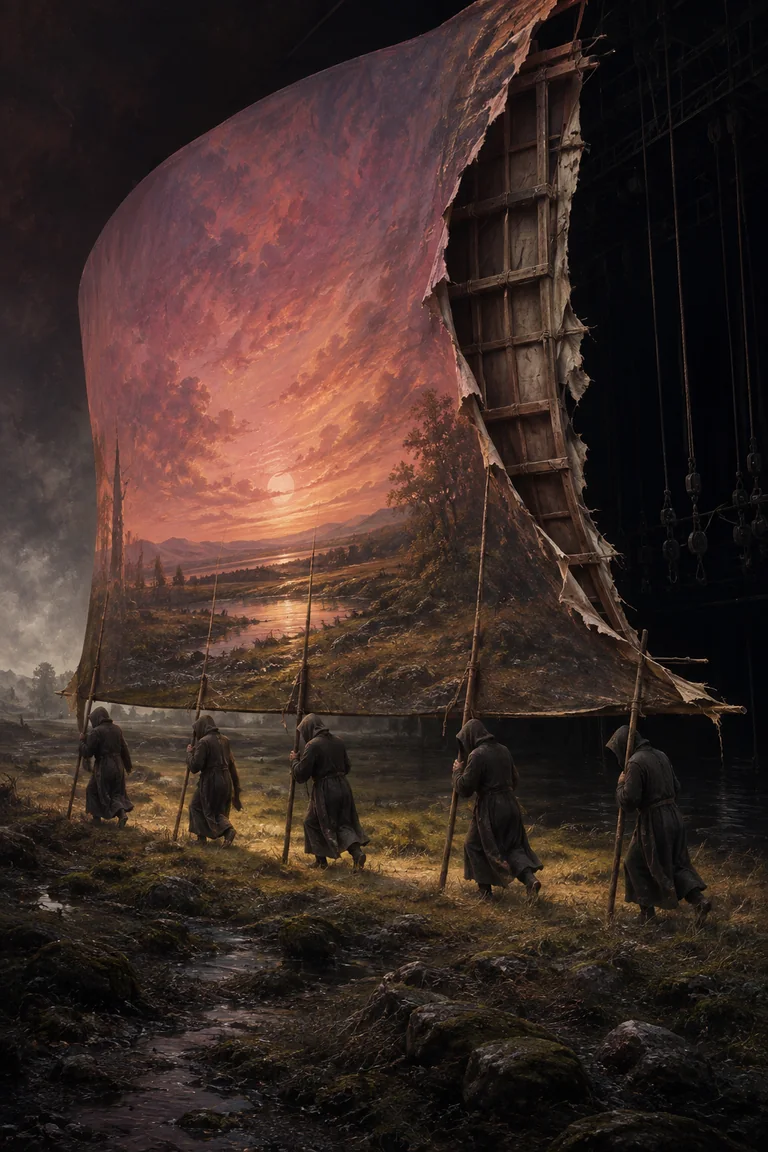 They Carry the Horizon Home Before Dark Five hooded stagehands carry a vast curved canvas painted with a sunset across a dark moor, while a torn edge reveals timber ribs and an empty black soundstage behind it.