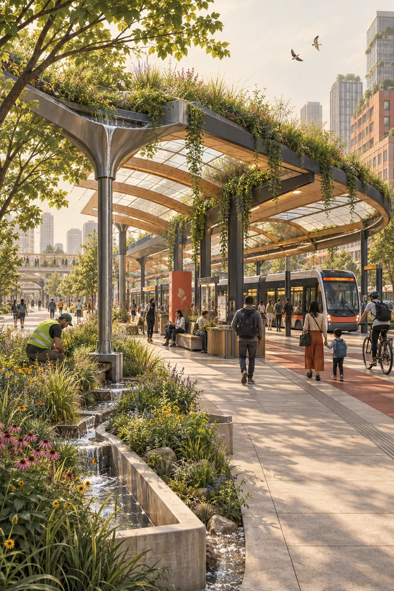 Portrait-oriented illustration of a welcoming public transit hub with a large planted canopy over platforms, visible rainwater channels and planted beds, buses and bicycles, and diverse people using the shaded civic space.