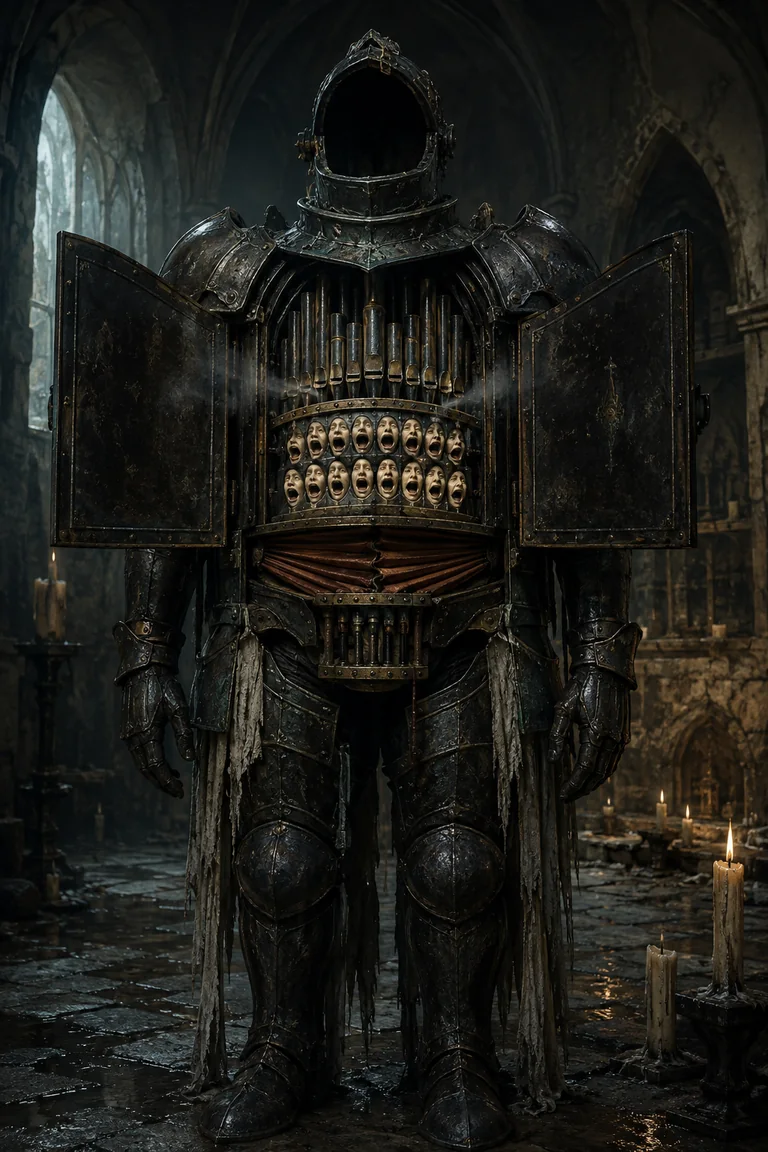Full-height portrait of an empty blackened suit of armor in a ruined chapel, its breastplate open to reveal pipes, leather bellows and rows of singing wax mouths.