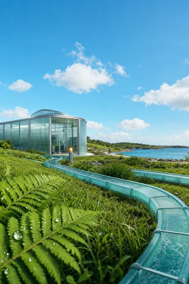 Portrait editorial reconstruction of a late-2000s eco-tech civic landscape, with a glass public structure beside clear water, manicured greenery, and a visible aqua transit or utility route connecting the built and natural environments beneath a broad blue sky.
