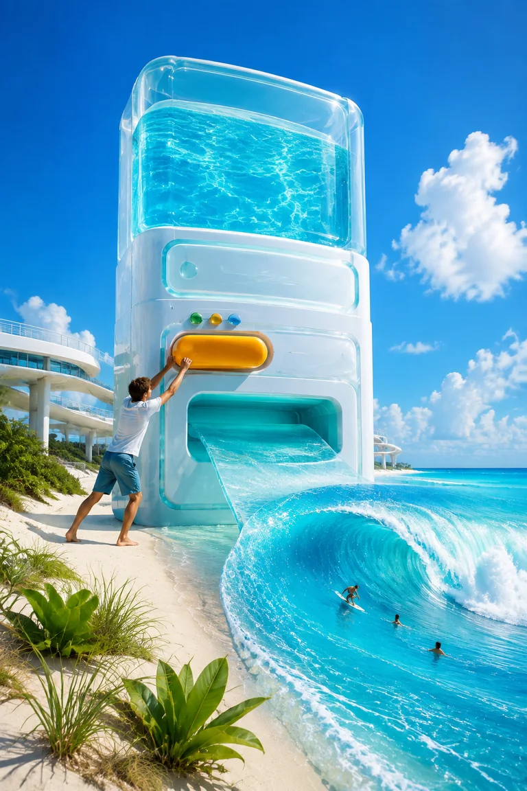 A giant translucent aqua and white dispenser on a bright beach releases a curling turquoise wave while a person pulls its orange control and tiny swimmers establish scale.