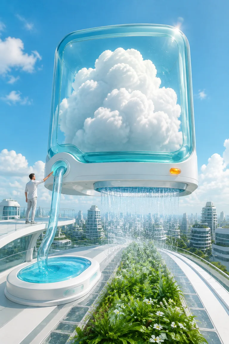 A large cumulus cloud sits inside a translucent aqua rooftop charging cradle connected to a water reservoir, raining onto a green garden below.
