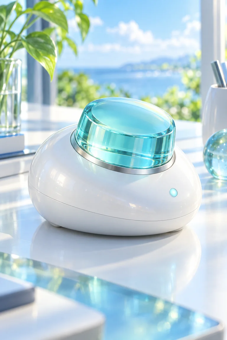 A compact, softly rounded aqua-and-white sound controller sits on a sunlit desktop. Its translucent aqua dial catches the light, beside a small softly glowing indicator.