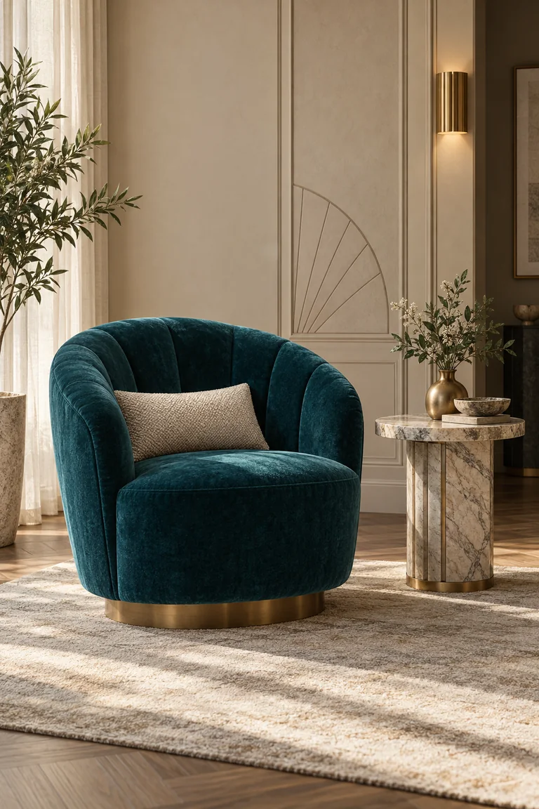 Editorial interpretation of a warm contemporary interior, pairing a velour cocktail chair and a mineral-toned bedside-table top with a restrained geometric Deco-inspired detail; it is not presented as a reconstruction of the Budapest project.