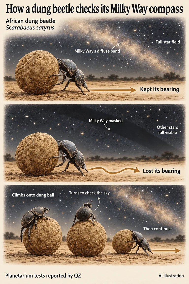 Phone-readable diagram of an African dung beetle and its dung ball beneath two planetarium sky panels: under a full star field it keeps course; with the Milky Way masked but other stars visible, it loses its bearing. A final sequence shows the beetle climbing onto the ball and turning to check the sky before continuing.