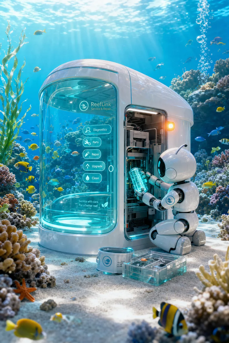 Underwater repair kiosk glows beneath a living reef