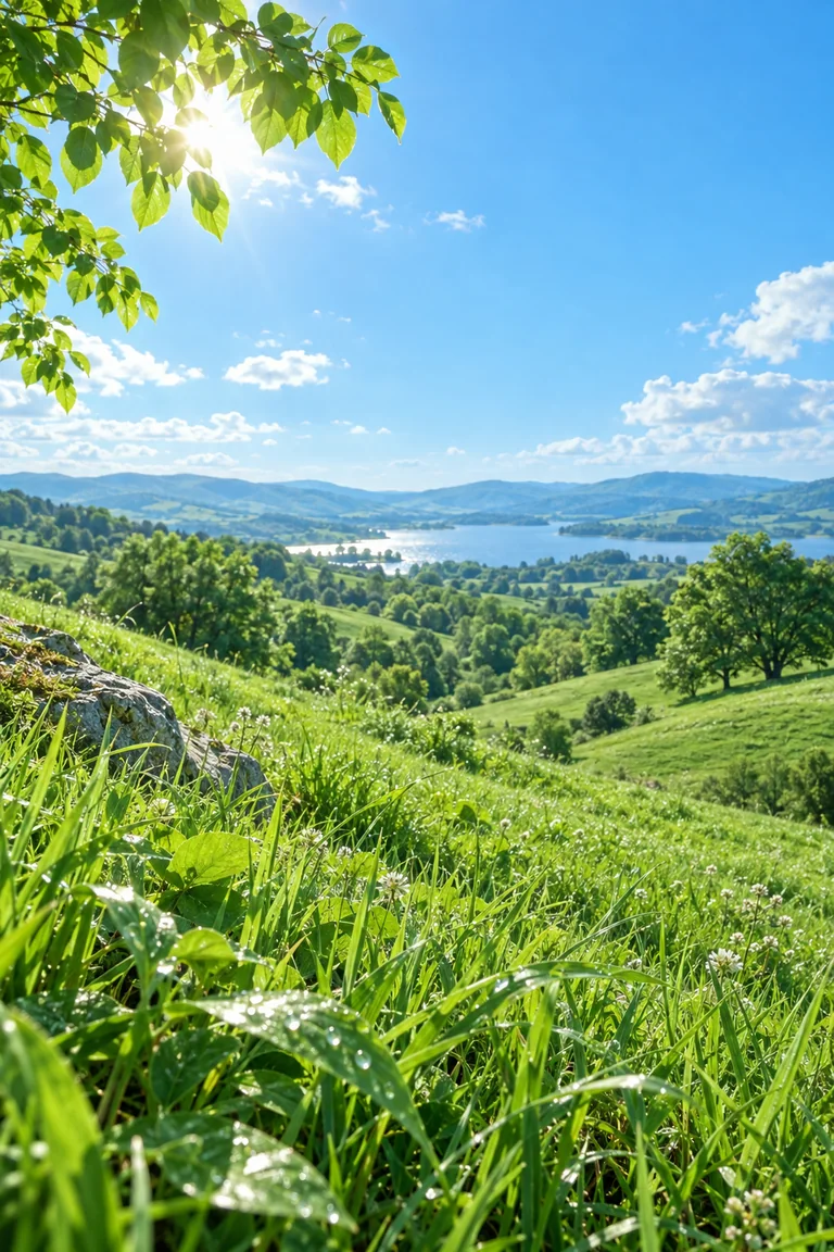 Close grass blades and glossy leaves fill the foreground of sunlit rolling green hills, with rounded tree canopies along the distant horizon beneath a clear blue sky.