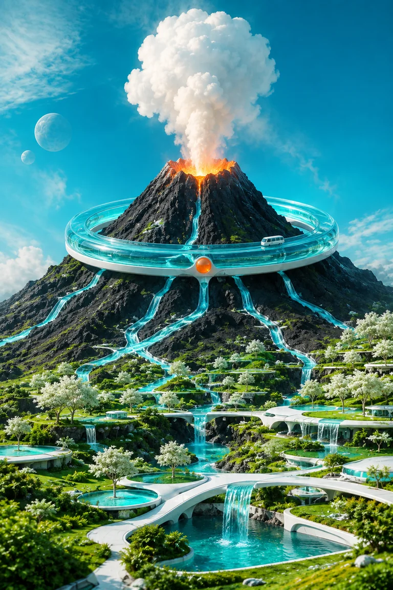 A black alien volcano encircled by a translucent aqua cooling ring sends bright water channels into green terraces and white bridges beneath two pale moons.