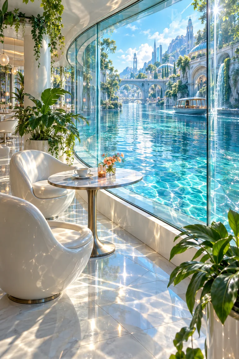 A small, inviting conservatory café with a curved glass wall overlooking a turquoise canal. Rounded pale seating and leafy plants frame the intimate foreground while rippling reflections draw the view toward the open water beyond.