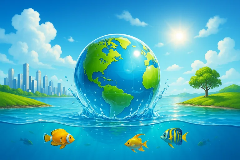 A vibrant Frutiger Aero desktop wallpaper, featuring a glossy, transparent globe emerging from a calm, crystal-clear ocean. Modern city skyscrapers are visible on the horizon under a brilliant blue sky with fluffy white clouds and a soft sun flare. Lush green rolling hills lead to the water's edge, with a single elegant tree. Water splashes gently around the globe, and a few colorful fish swim near the surface, rendered in a hyperrealistic, optimistic, and slightly skeuomorphic digital art style.. This prompt describes a quintessential Frutiger Aero scene, blending natural elements with a futuristic, glossy aesthetic. It focuses on a transparent globe, city skyline, and vibrant marine life under a bright sky.