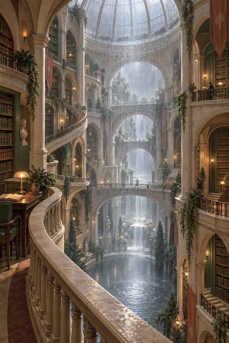 A dreamlike library spirals its rooms, reading galleries, stairways, and balconies around a central atrium filled with falling rain, with a small reader or open doorway suggesting exploration.