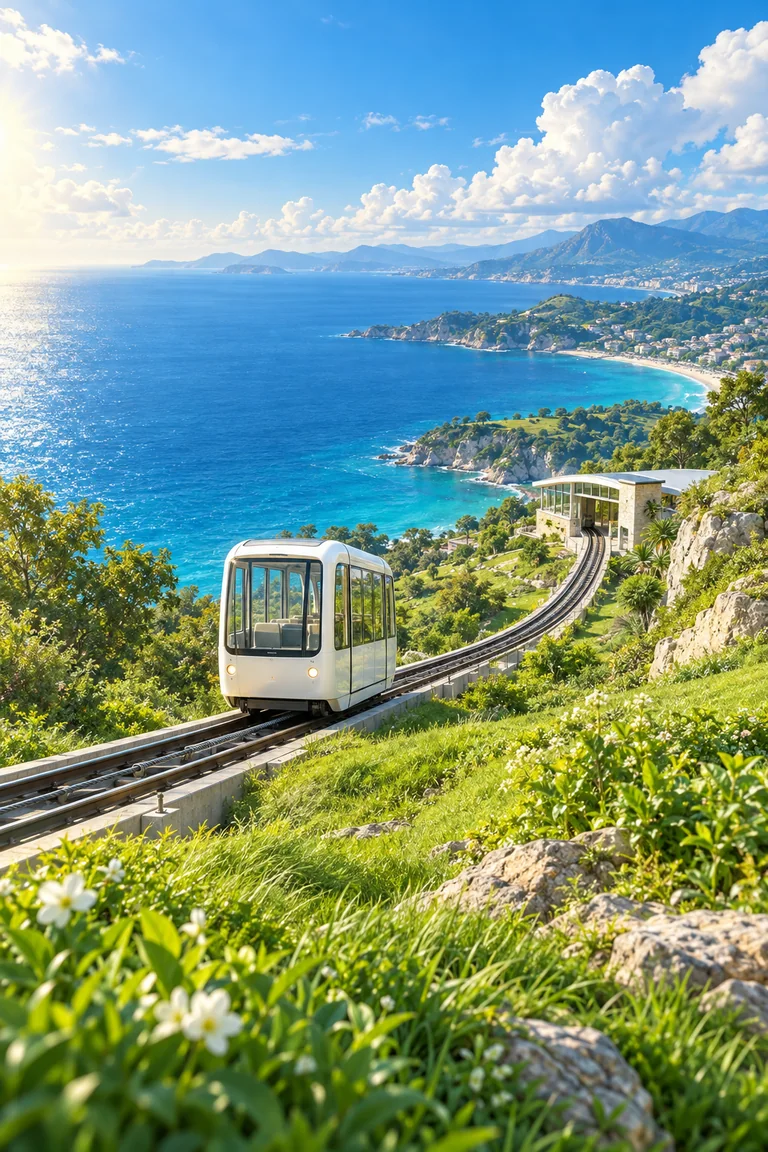 A small pearl-white funicular travels along a curving track across a vivid green coastal hillside, with a modest rounded station above and a bright blue sea and cloud-dotted sky beyond.