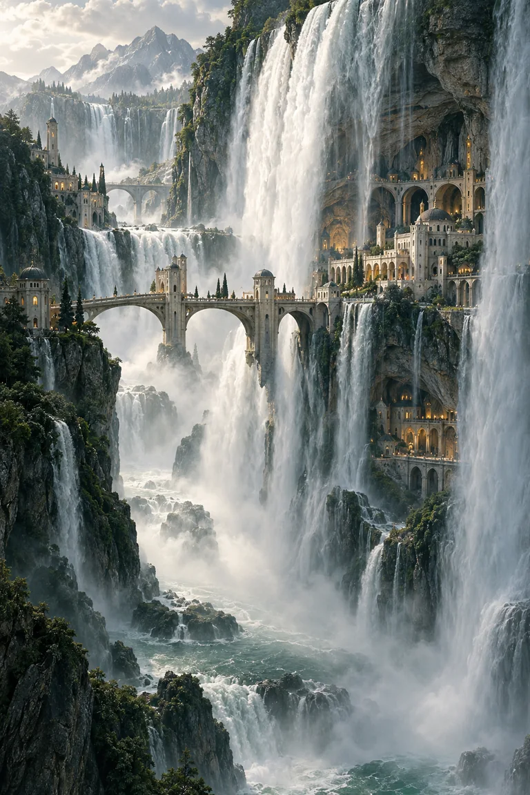 A suspended bridge-city crosses a vast waterfall; homes and walkways are visible in sheltered dry spaces behind the falling water.