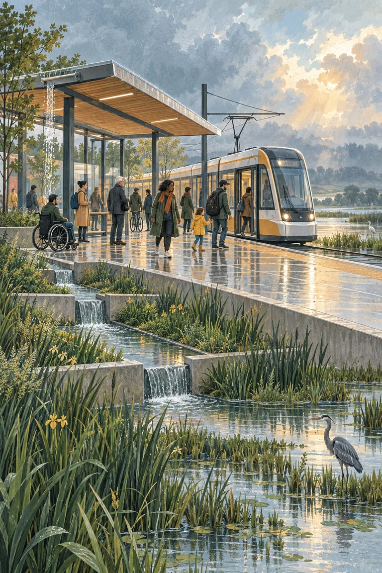 An optimistic transit station at the edge of a wetland, with commuters walking beneath a planted canopy while visible channels guide rainwater through reed-filled filtration beds beside the platform.