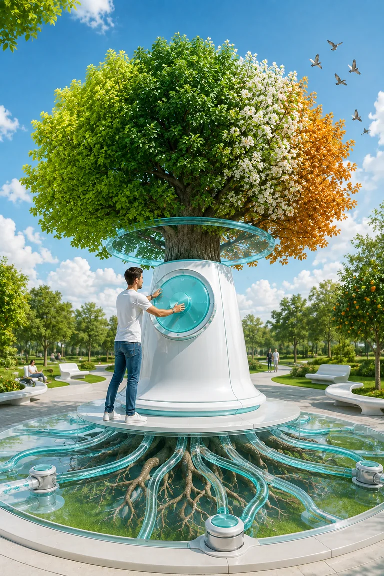 A visitor turns a giant translucent aqua dial built around a mature park tree whose canopy shifts from lime green through blossom to amber autumn leaves.