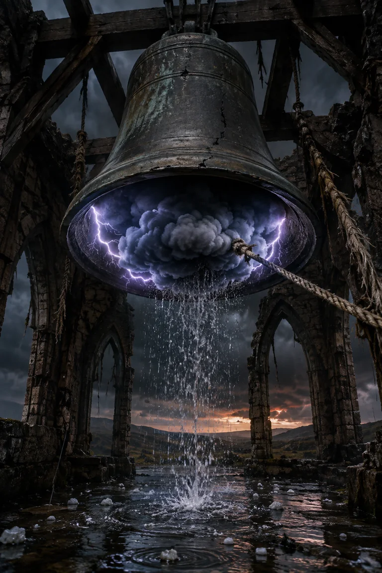 An enormous cracked bronze bell hangs in a roofless ruined tower with a thundercloud trapped inside and rain rising into its open mouth.