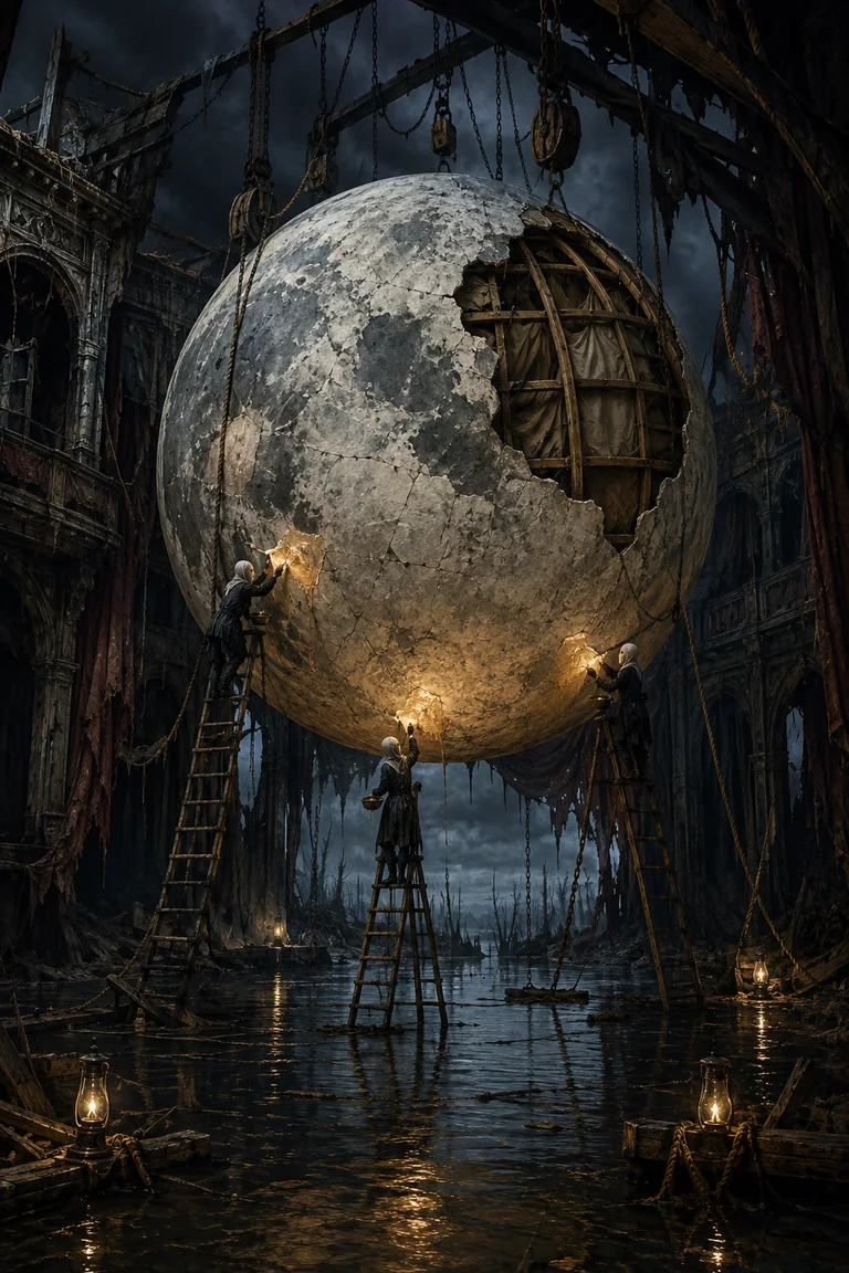 Portrait view of a flooded ruined theatre where a giant cracked moon prop hangs from chains and pulleys while three masked caretakers repair it from tall ladders.