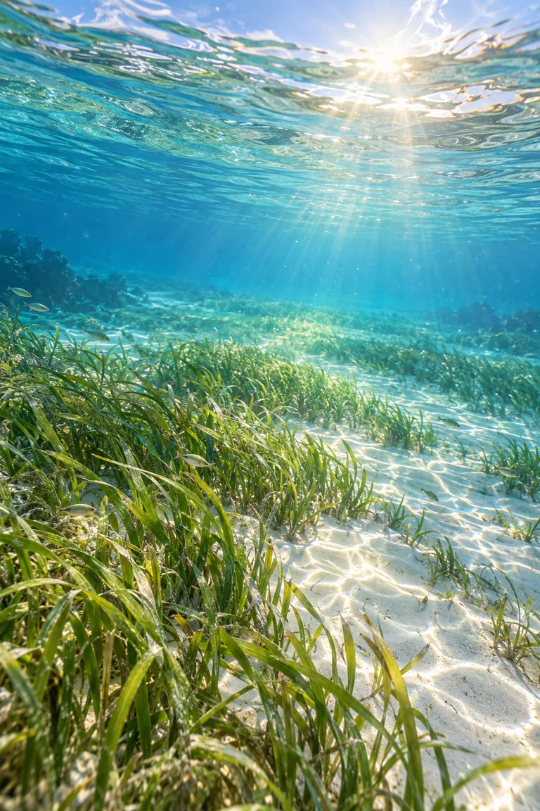 A bright underwater view of a seagrass meadow in clear shallow water, with sunlight rippling across pale sand and several small fish swimming between the leaves.