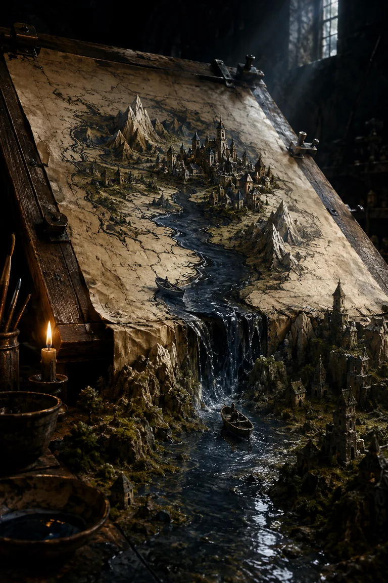 Portrait macro view of an old parchment map becoming a miniature kingdom as an ink-blue river pours off the page into real model terrain and tiny boats.