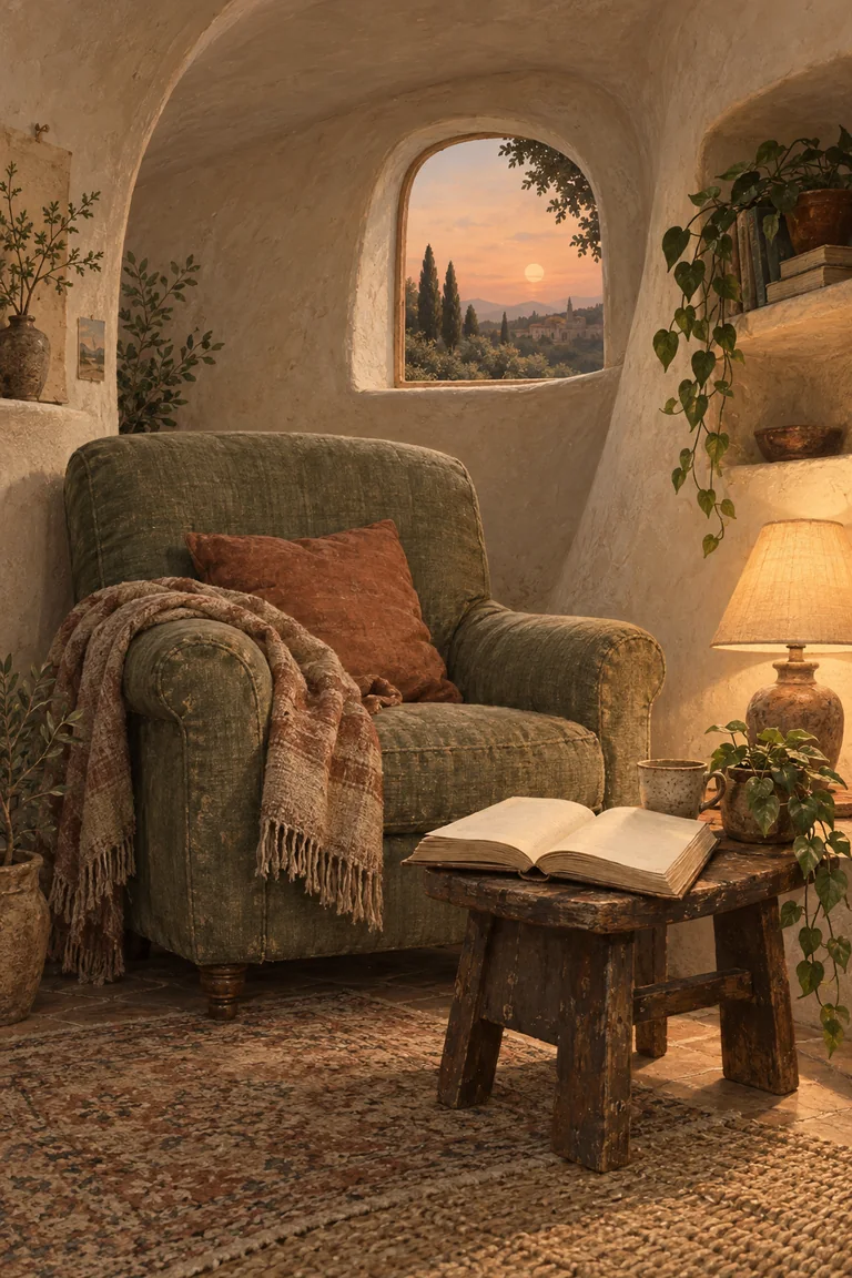 A lived-in home corner curves into a whimsical, shelter-like alcove, with a worn armchair, a beloved book, soft lamplight, and textured wood, linen, and plants.