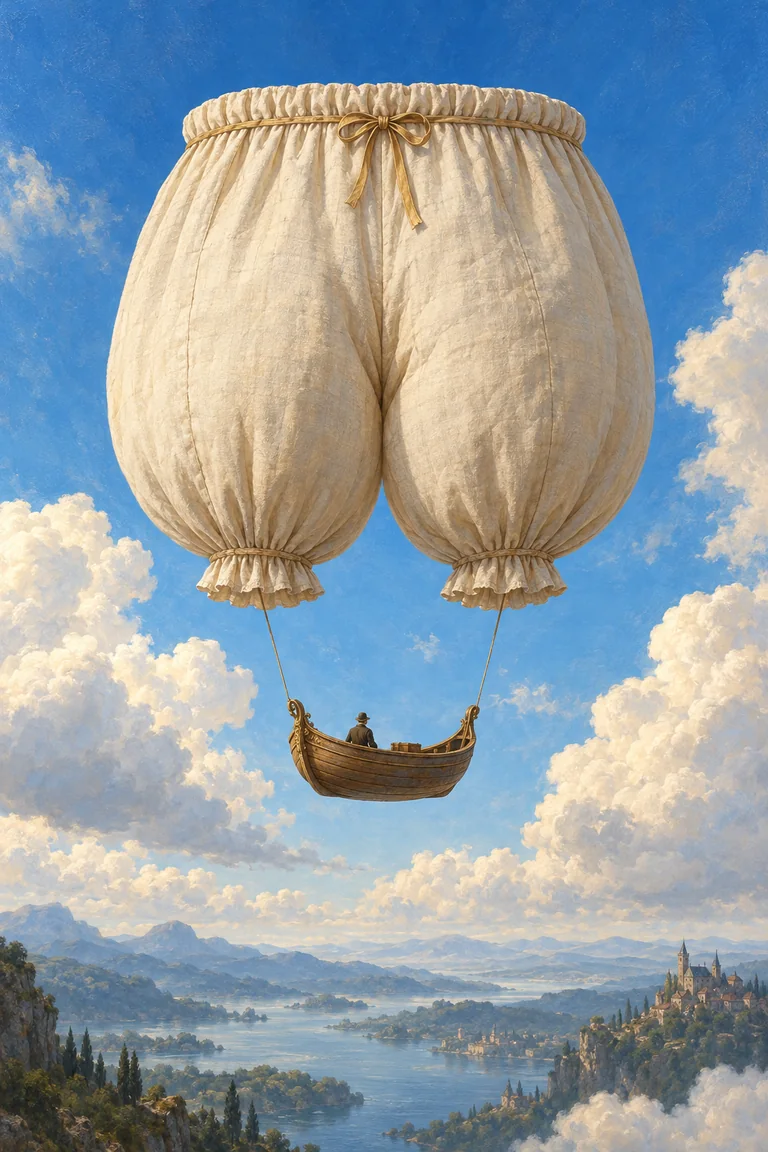 An old-fashioned boat floats across a vivid blue sky beneath a large, unmistakable balloon made from inflated knickers, rendered as a tactile fantasy illustration rather than a film frame.