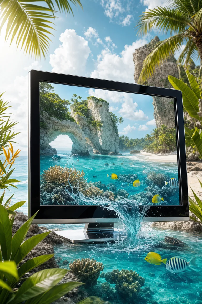 A glossy late-2000s flat-panel monitor in a tropical setting, with aqua water, reef life, and sea foam visibly crossing from the screen into the real environment around it.