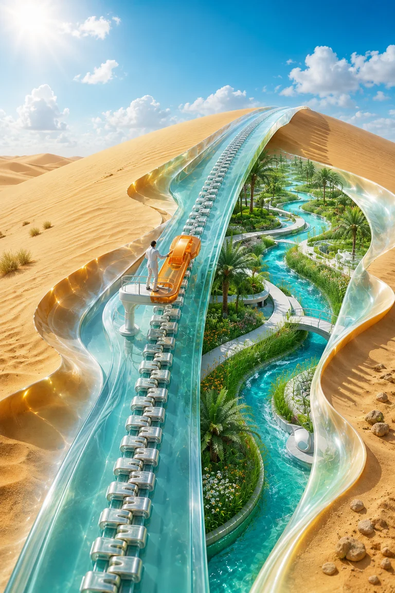 A vast desert dune is opened by an enormous transparent aqua zipper, revealing turquoise waterways, palms, gardens, and white paths beneath the sand.