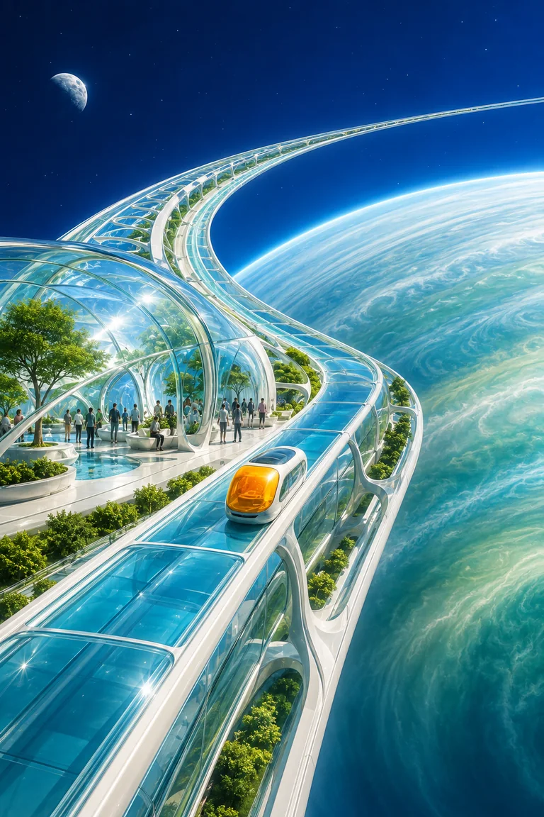 A glass-and-white transit route planted with gardens curves around a huge blue-green planet while a small orange-fronted passenger pod approaches a bright orbital station.