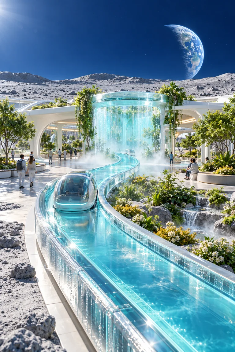 Portrait scene on the Moon showing a small white public transit station and transparent aqua route curving through a lush planted habitat, with people for scale and a luminous cool atmospheric effect at the junction beneath deep cobalt space.
