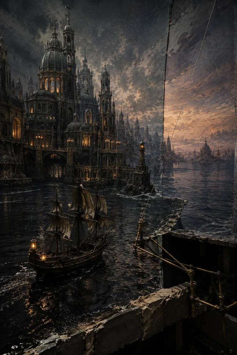 The Beautiful Seams of Baron Munchausen Portrait editorial reconstruction of a miniature sailing vessel crossing a practical water tank toward a dark baroque model city, with brass rigging and the visible edge where miniature scenery meets a hand-painted matte horizon.