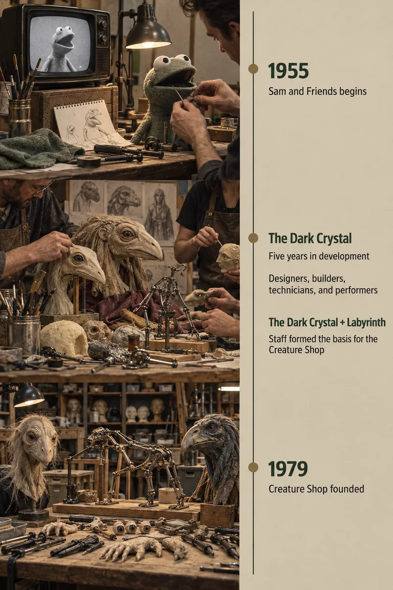 Portrait editorial timeline with three milestones: Sam and Friends begins in 1955; The Dark Crystal is described as being in development for five years and bringing together designers, builders, technicians, and performers; and the Creature Shop is founded in 1979. A separate connector notes that staff from The Dark Crystal and Labyrinth formed the Shop’s basis. The accompanying illustrations are clearly original reconstructions, not archival images.