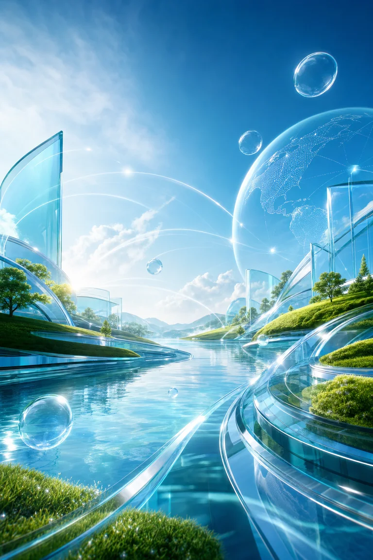 Aqua-glass horizon with bubbles and global glow