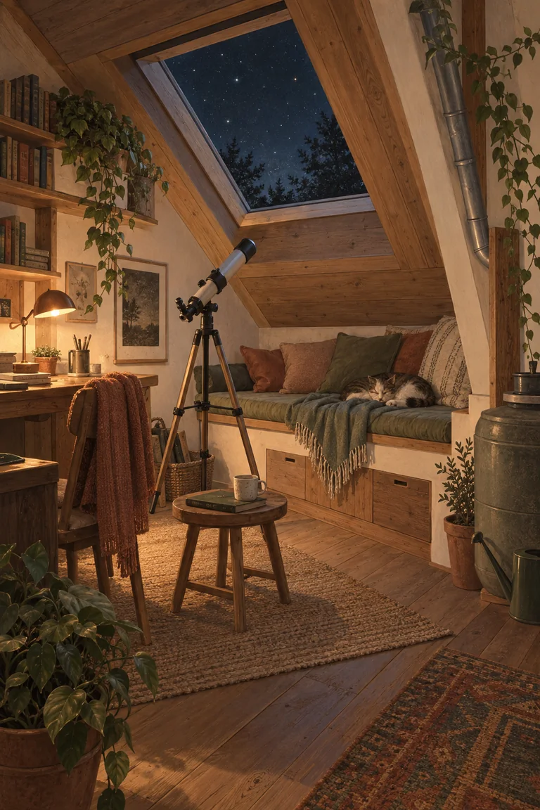 A cozy home observatory built into a lived-in room, with a compact telescope beneath a rounded roof opening, warm timber, plants, and practical everyday furnishings.