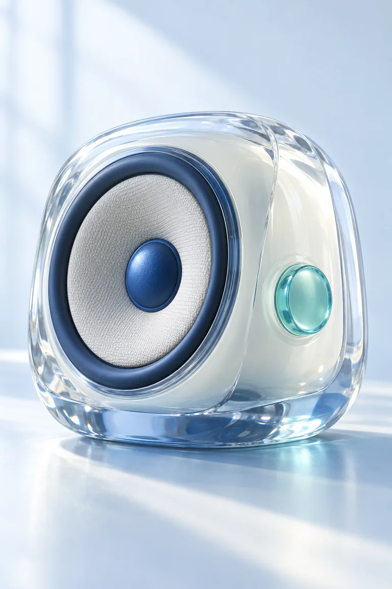 A compact rounded desktop speaker with a transparent glossy casing and one aqua gel-like control, resting on a polished surface in crisp daylight against a restrained green-and-blue background.